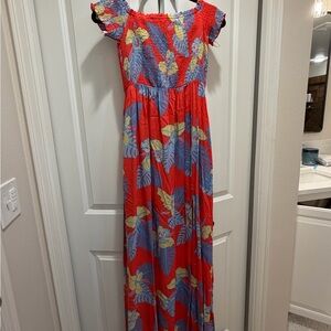 Lulu's Red Dress with Blue and Yellow Floral Design